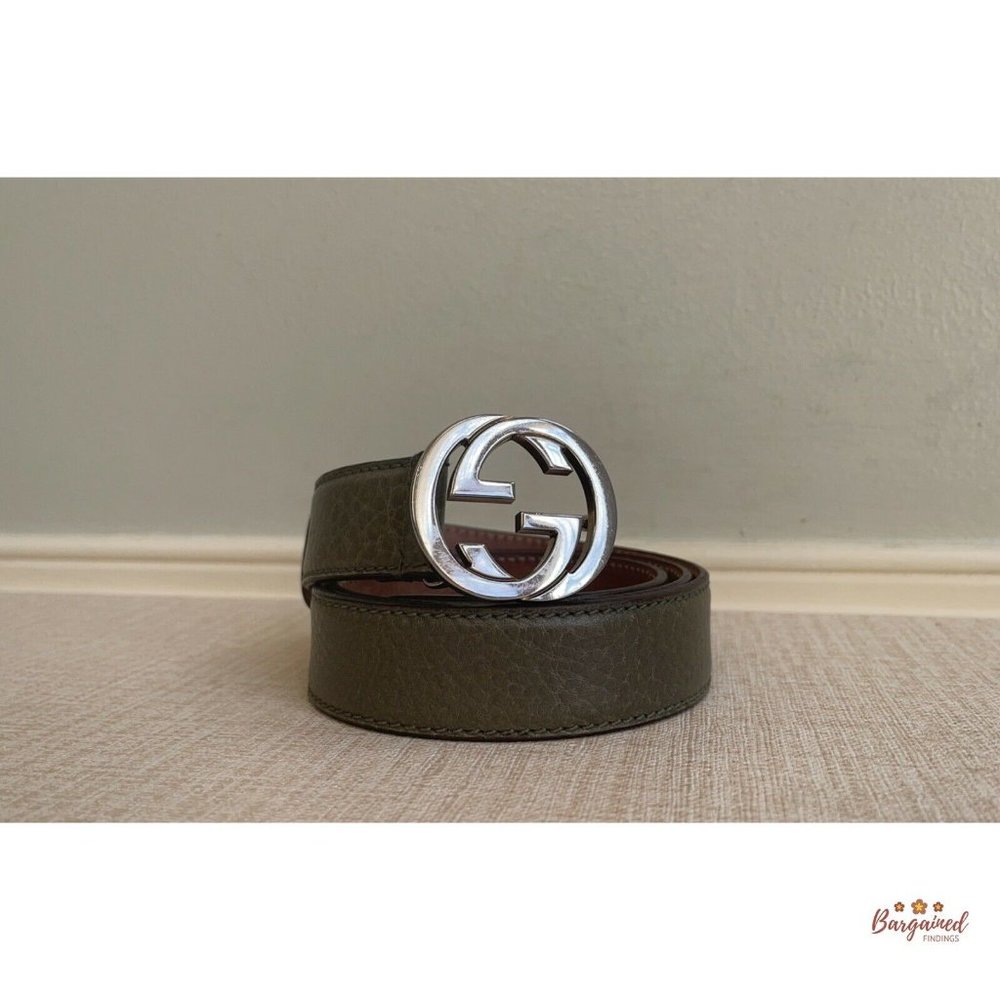 Authentic GUCCI Greenish-Gray Leather Silver Interlocking G Buckle Belt 85/34 - Picture 2 of 13